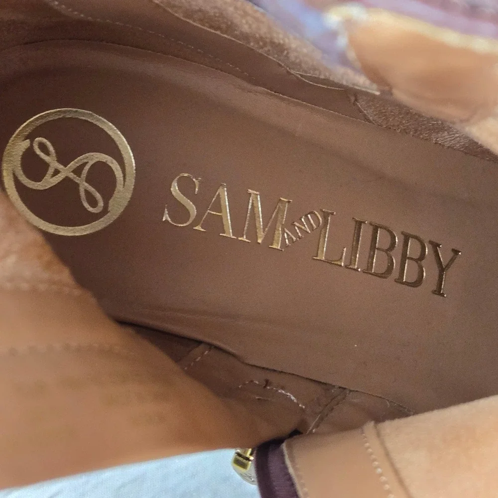 Sam & Libby Natalia Brown Faux Leather Buckle Stacked Heel Ankle Boots 9.5M